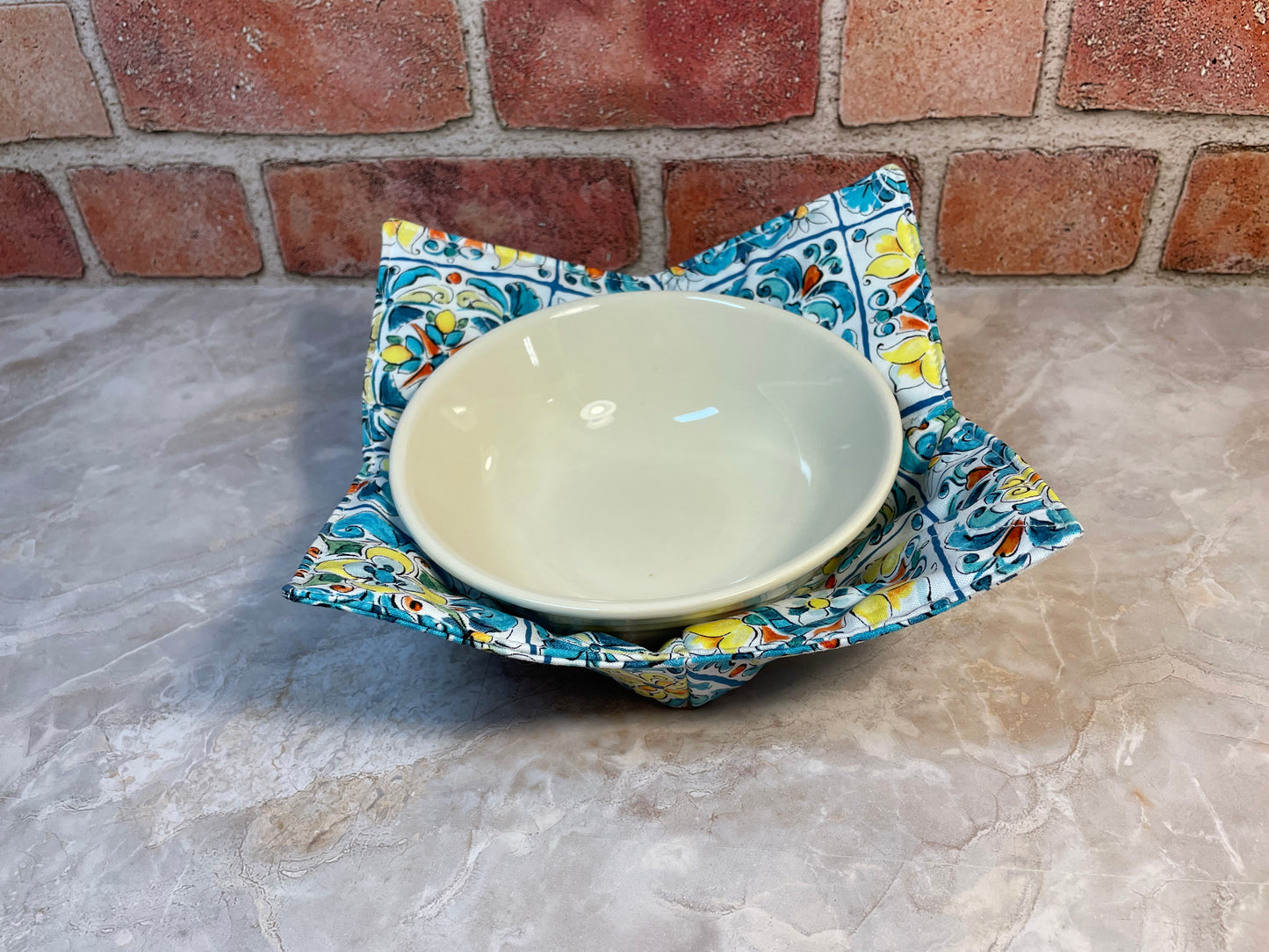 White Blue Yellow Moroccan Style Tile  Microwave Bowl Cozy