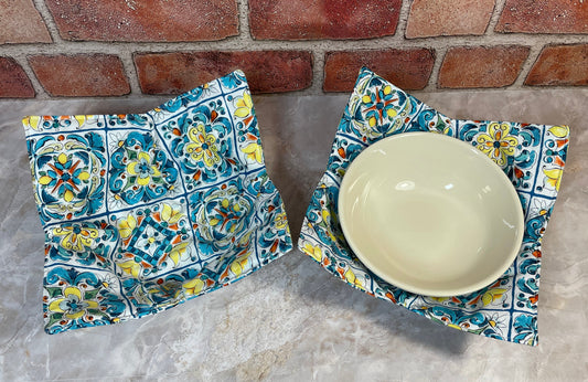 White Blue Yellow Moroccan Style Tile  Microwave Bowl Cozy