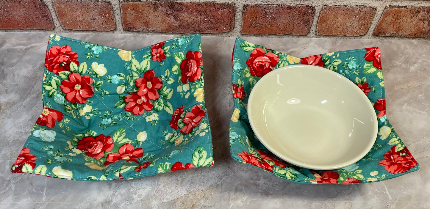 Turquoise Red Floral Microwave Bowl Cozy
