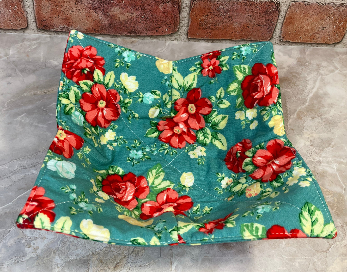 Turquoise Red Floral Microwave Bowl Cozy