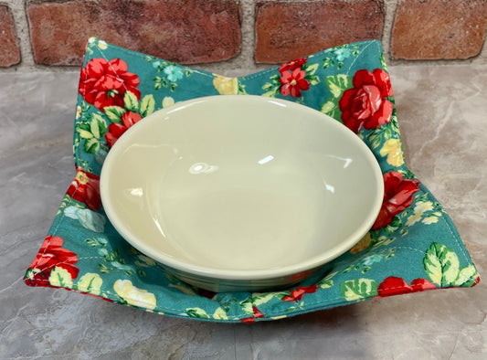 Turquoise Red Floral Microwave Bowl Cozy