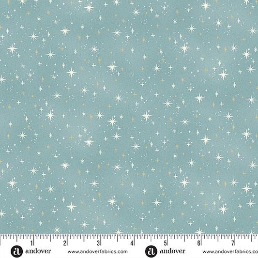 Shimmer Teal Blue Stars Gold Metallic Charmed by Makower UK