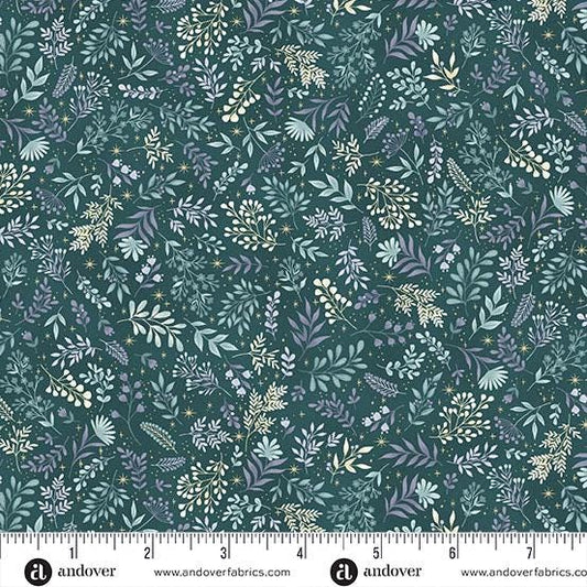 Flora Leaves Teal background Charmed Makower UK